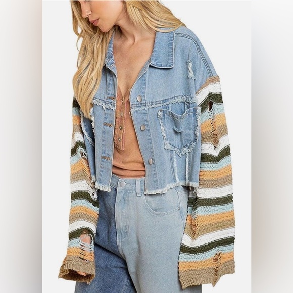 POL Jackets & Blazers - POL Blue Jean Jacket with Multicolor Striped Sleeves